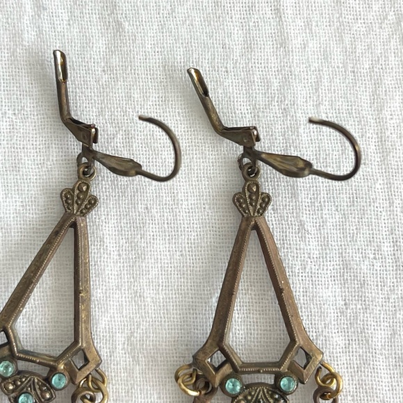 Vintage Czech Blue Glass, Brass & Rhinestone Art Deco Dangle Earrings - Picture 4 of 7